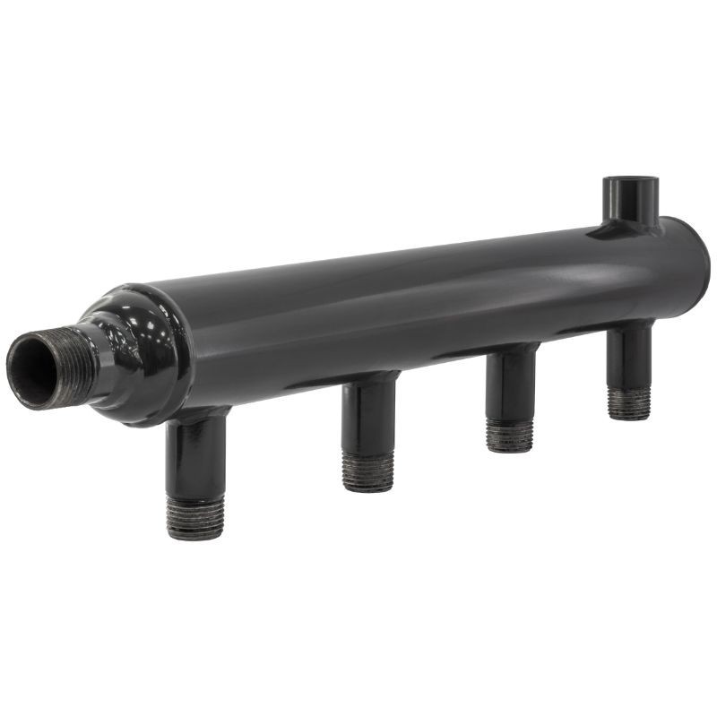 Коллектор распределительный стальной DN50 PN16 вход 25-20 3 выходов НР 3/4'' выход под кран Маевского и импульсную трубку, левосторонний PLP-1