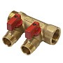 Коллектор латунный DN 20 2 выхода G 1/2'' с шаровыми кранами красная ручка плоское присоединение отвода SGL