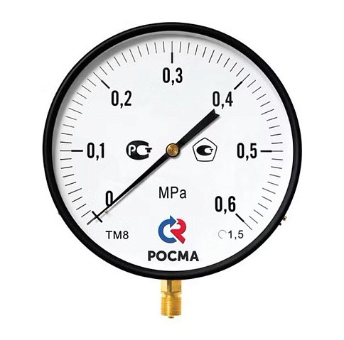 Манометр Росма ТМ-810Р.00 котловый, 250мм, 0-0.4МПа, резьба M20x1,5, радиальный, класс точности 1,5 купить в Волгограде | "Проконсим" Манометр Росма ТМ-810Р.00 котловый, 250мм, 0-0.4МПа, резьба M20x1,5, радиальный, класс точности 1,5 купить в Волгограде | "Проконсим"